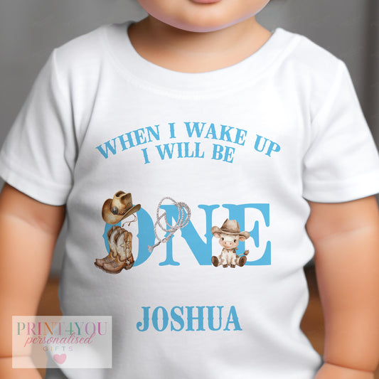 Personalised My First Rodeo T – shirt, Cowboy Style Boys Vest, Sleepsuit or Pyjamas. Blue Cowboy Western Style When I wake Up - Bib
