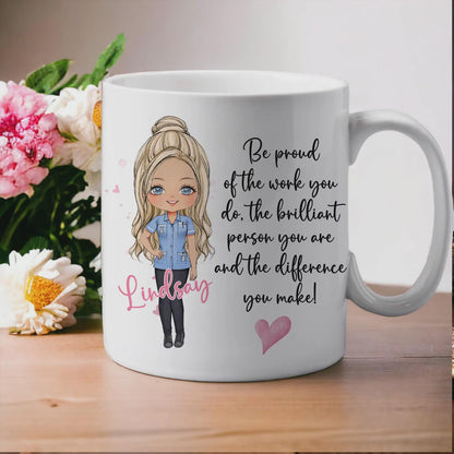 Close-up of the personalised nurse mug design and printed name