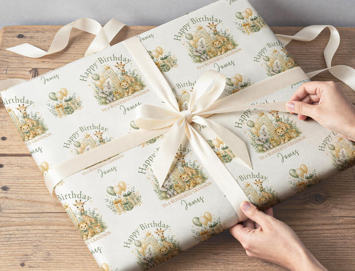 Personalised 1st Birthday Wrapping Paper, Safari Animal Gift Wrap