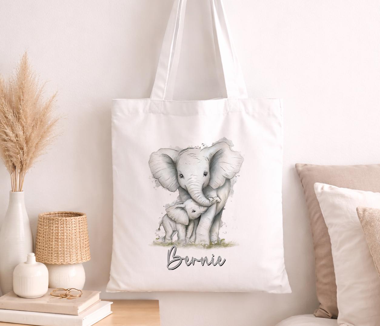 Cotton tote bag printed with a soft grey elephant illustration and a personalised custom name