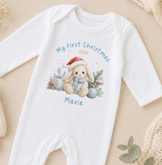 Personalised Baby Christmas Outfit - Bunny Santa Hat, First Christmas 2026