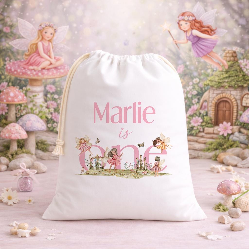 White A3 drawstring party bag printed with a fairy-themed design and personalised child's name.
