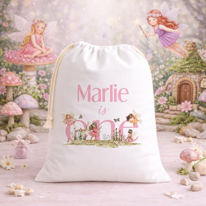 White A3 drawstring party bag printed with a fairy-themed design and personalised child's name.