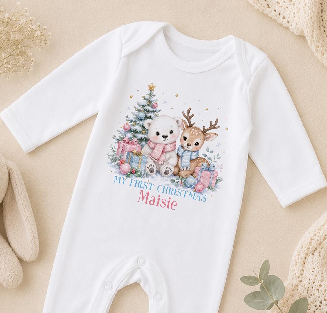 Personalised First Christmas Baby Outfit, 2026 Polar Bear Vest Gift