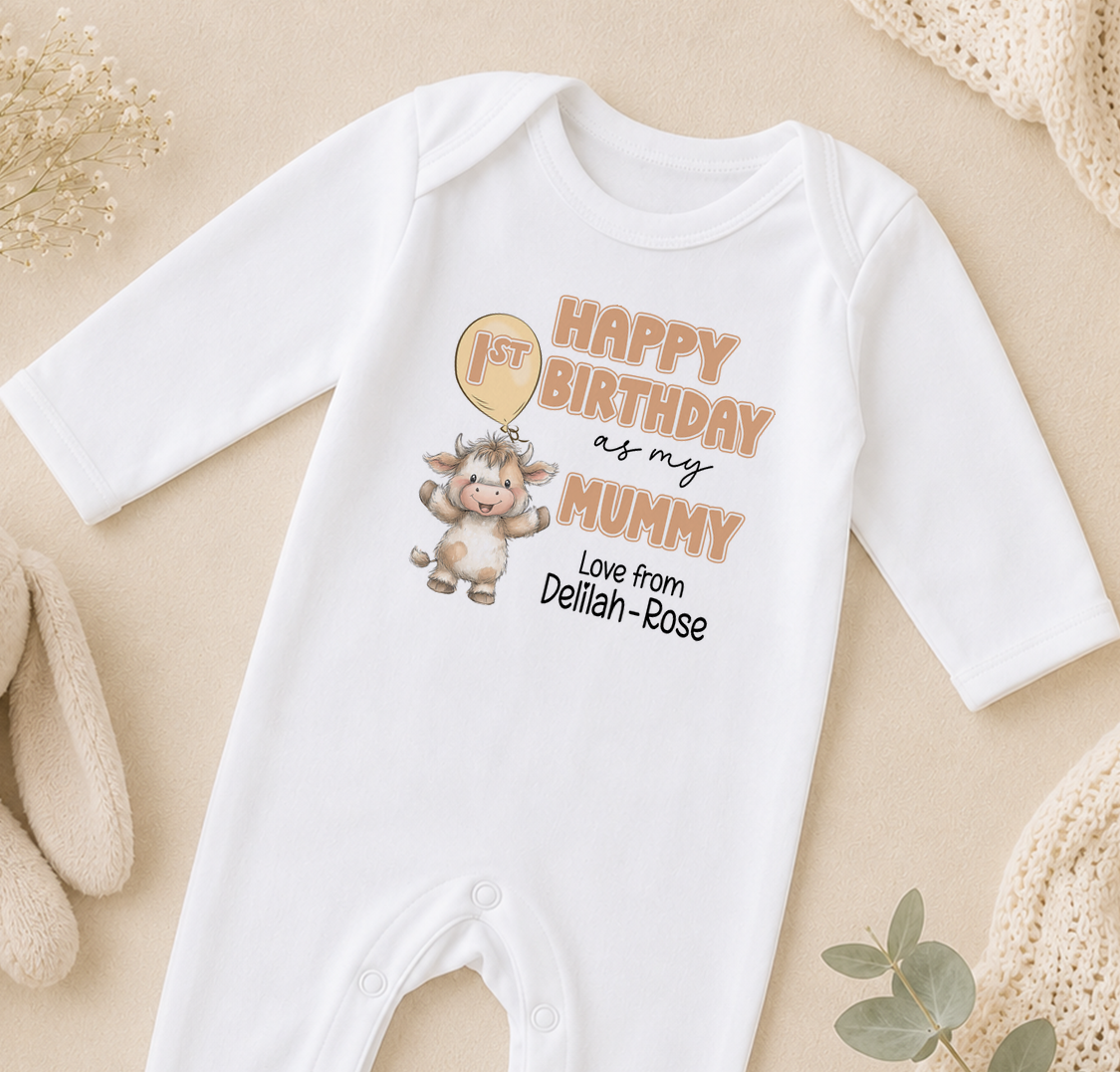 A white onesie with a cartoon cow and text printed on it, placed on a beige surface.