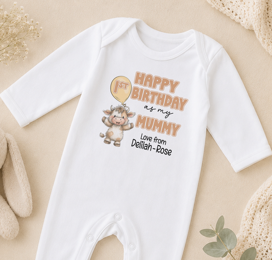 A white onesie with a cartoon cow and text printed on it, placed on a beige surface.