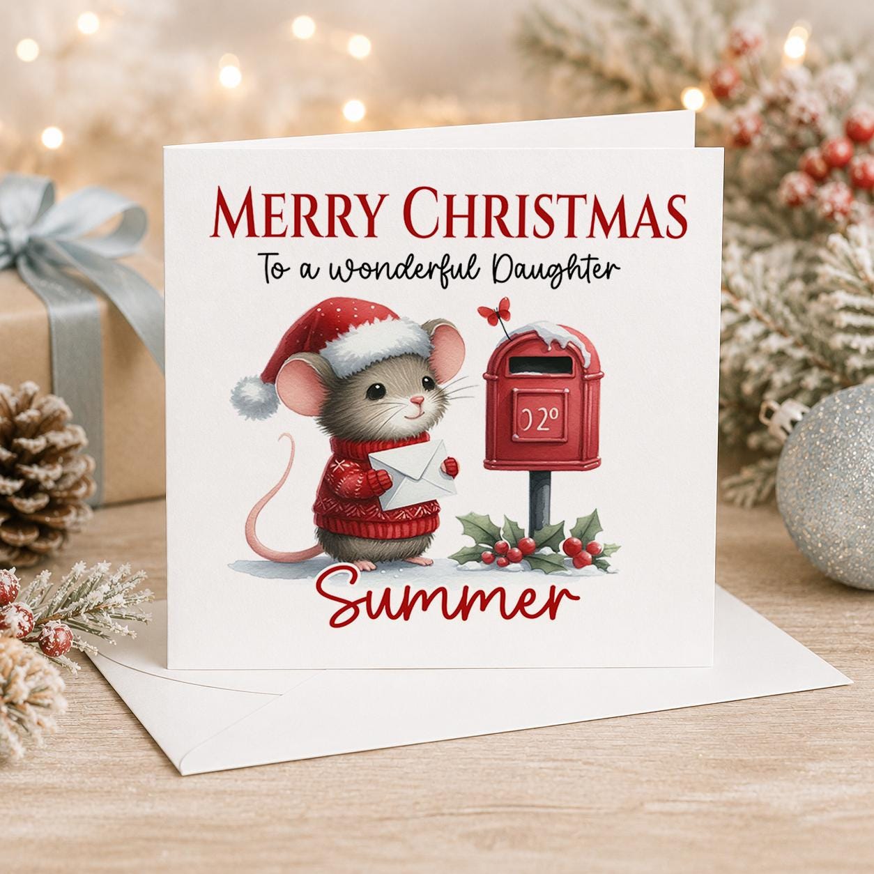 Personalised Christmas card, white 6x6 inch square card printed with a mouse in a red jumper beside a post box with a name