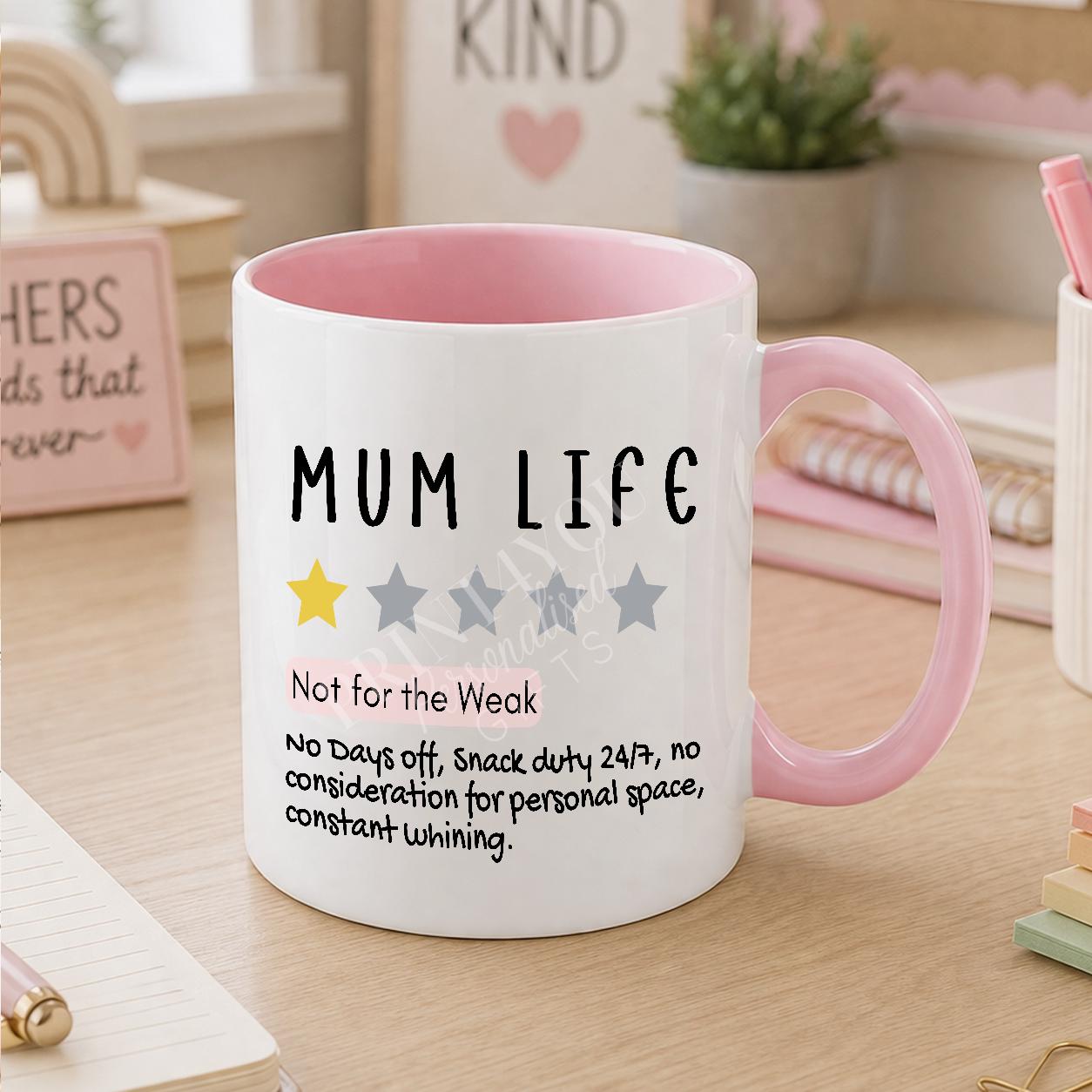 White ceramic mug printed with a funny mum life design, personalised with a name