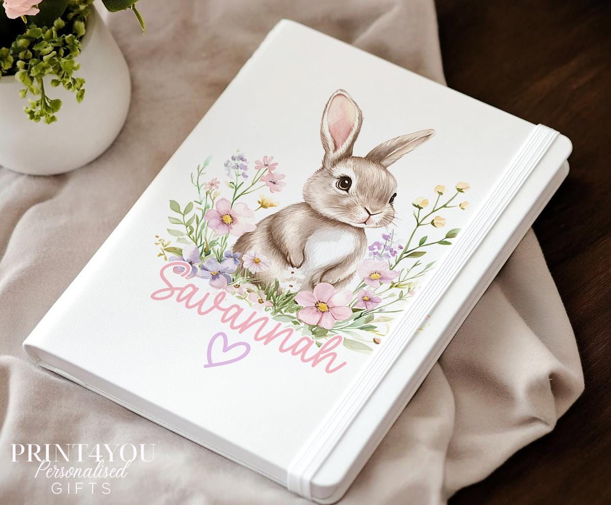 Personalised bunny notebook, A5 journal with floral rabbit design on cream PU leather cover