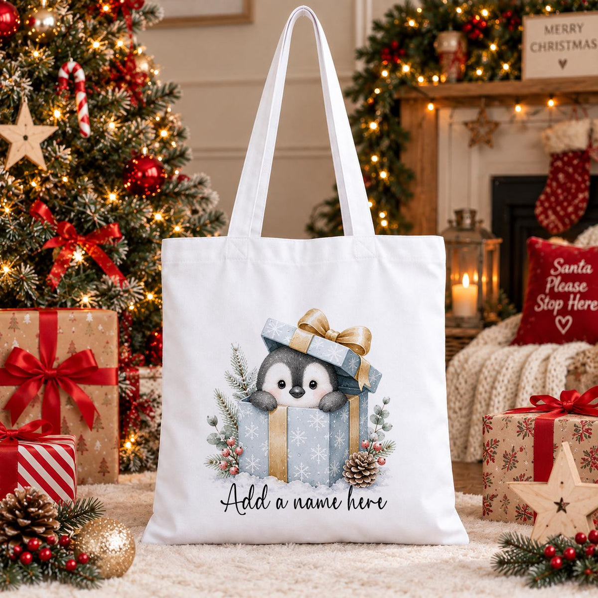 Personalised white cotton tote bag with a watercolour penguin peeking from a blue gift box with a gold bow, pine, berries and a name below