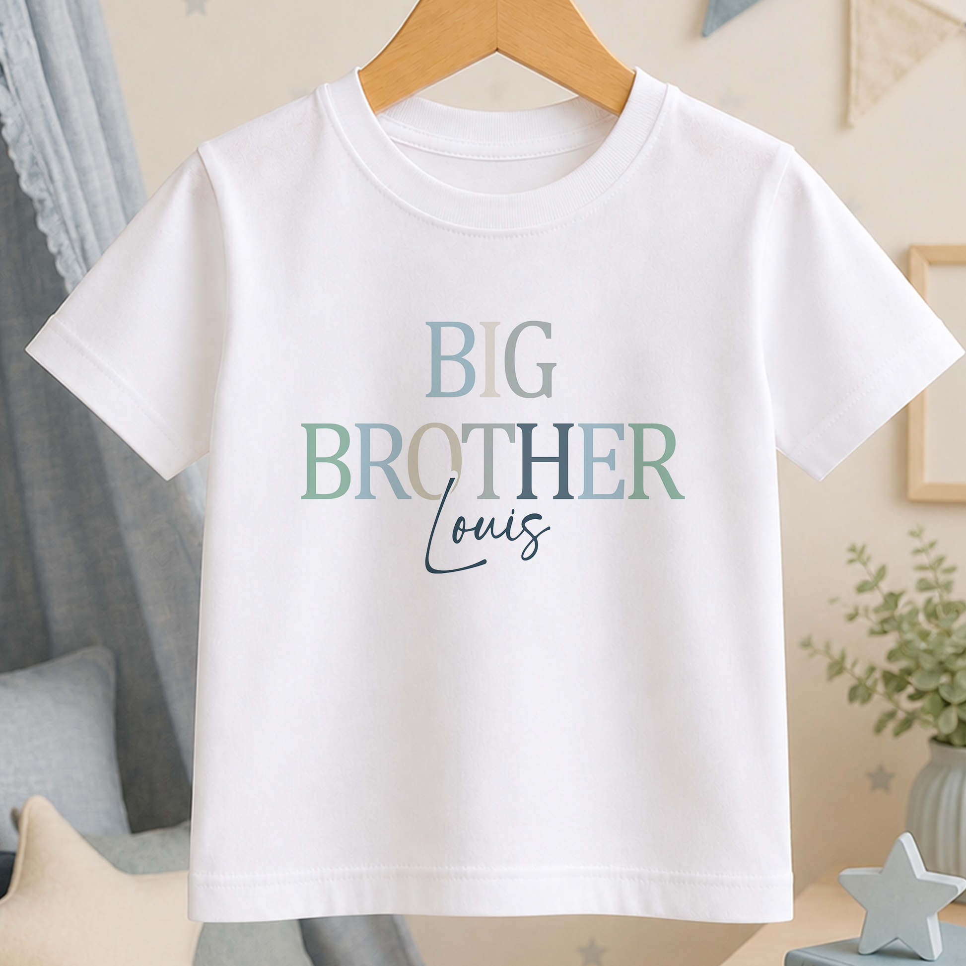 A white t-shirt with the text "BIG BROTHER LOUIS" printed on it.