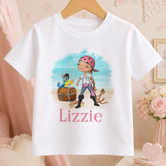 A white t-shirt with a cartoon illustration of a young girl wearing a pirate hat and holding a treasure chest, with the name "Lizzie" written below the image.