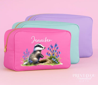 Personalised badger makeup bag shown in purple colourway