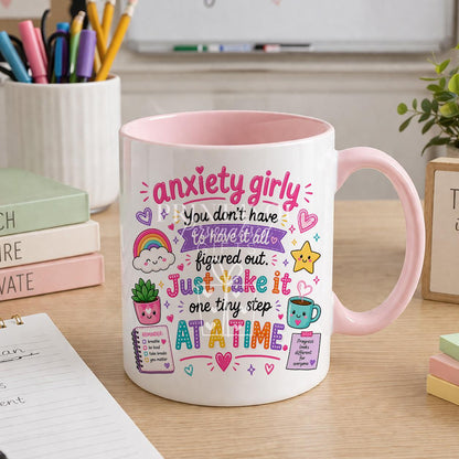 Pastel pink ceramic mug printed with a positive self care message, personalised with a name