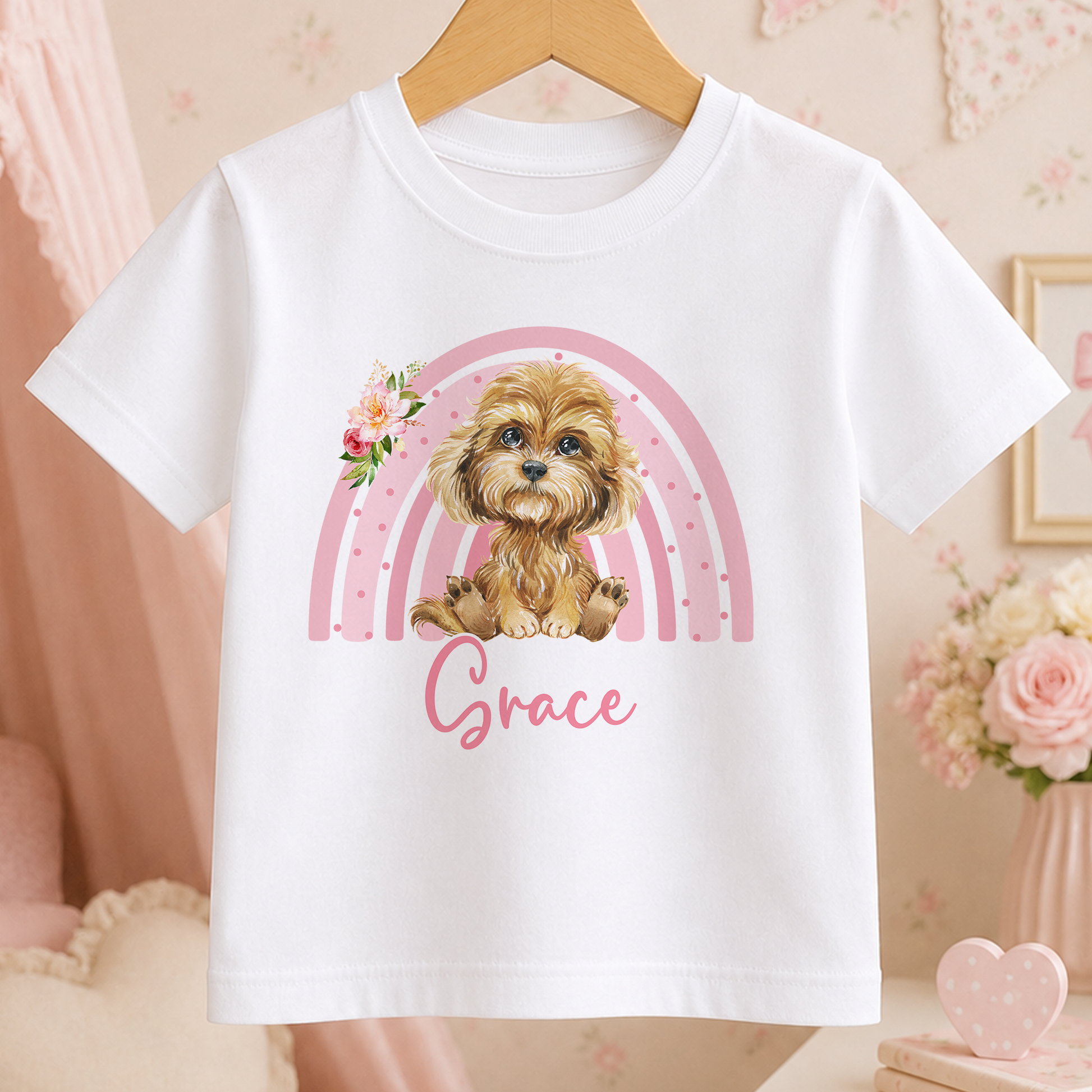 A white t-shirt with a printed image of a dog and a rainbow graphic, along with the name "Grace" written below it.
