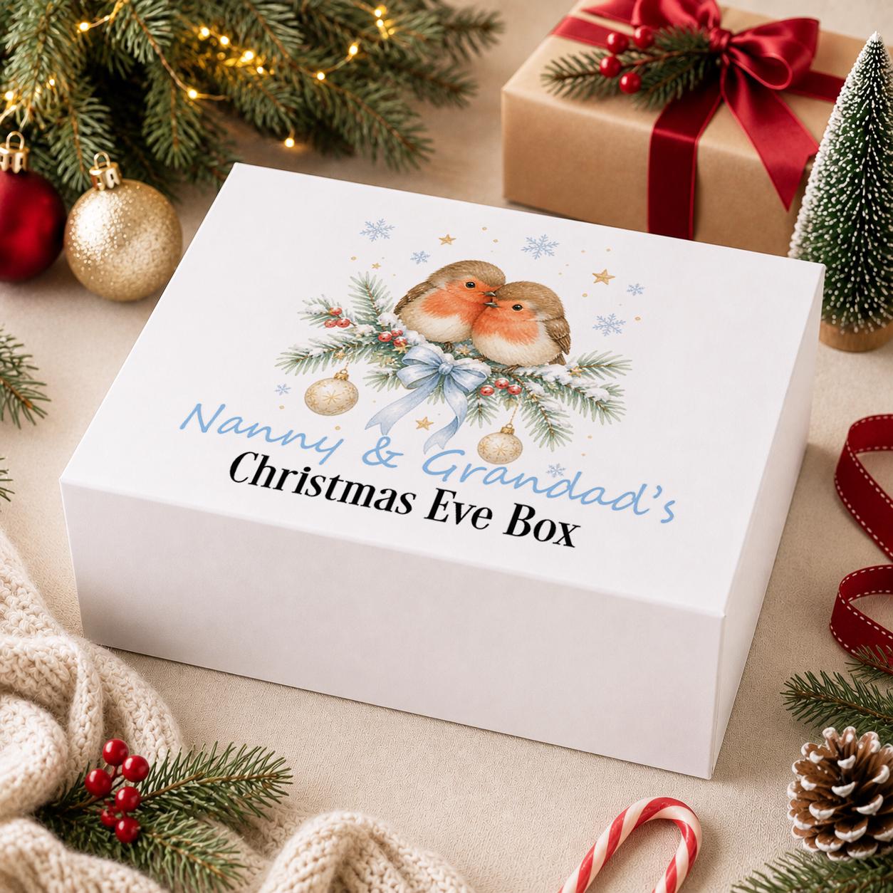 Personalised Christmas Eve box, white magnetic gift box printed with two robins on a snowy branch and Nanny and Grandad above Christmas Eve Box