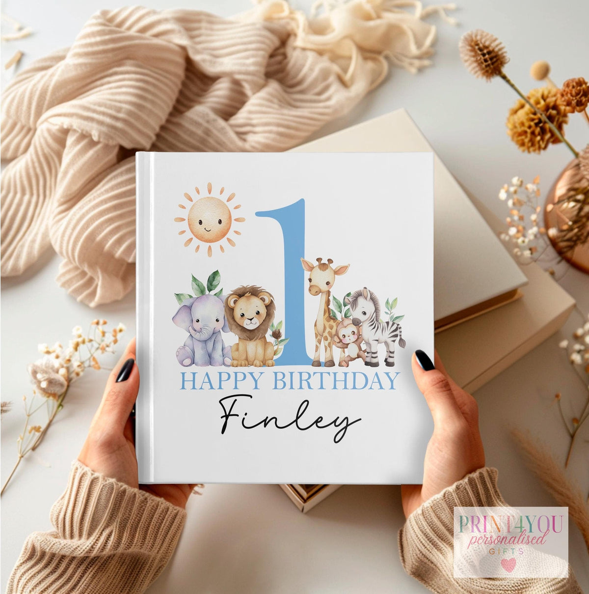 Personalised first birthday photo album, Blue Safari design cover