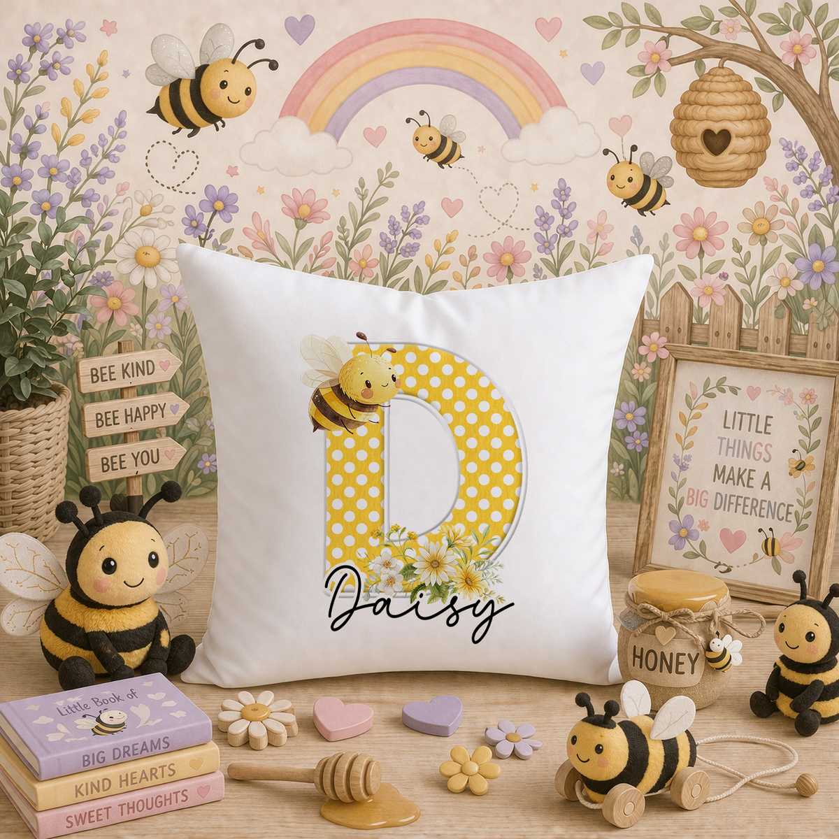 Yellow polka dot cushion cover printed with a personalised bee design