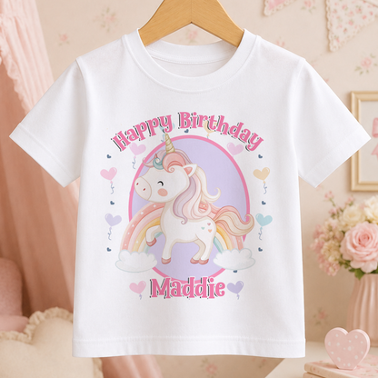 Personalised unicorn birthday t-shirt with pastel unicorn, heart balloons and custom name print on white cotton