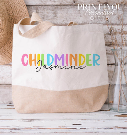 Personalised jute tote bag printed with a custom name, natural jute fabric with cotton webbing straps