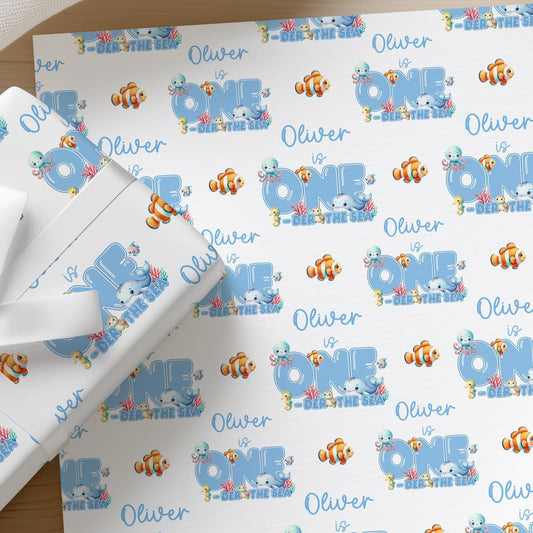 Printed 1st birthday wrapping paper shown as wrapping paper