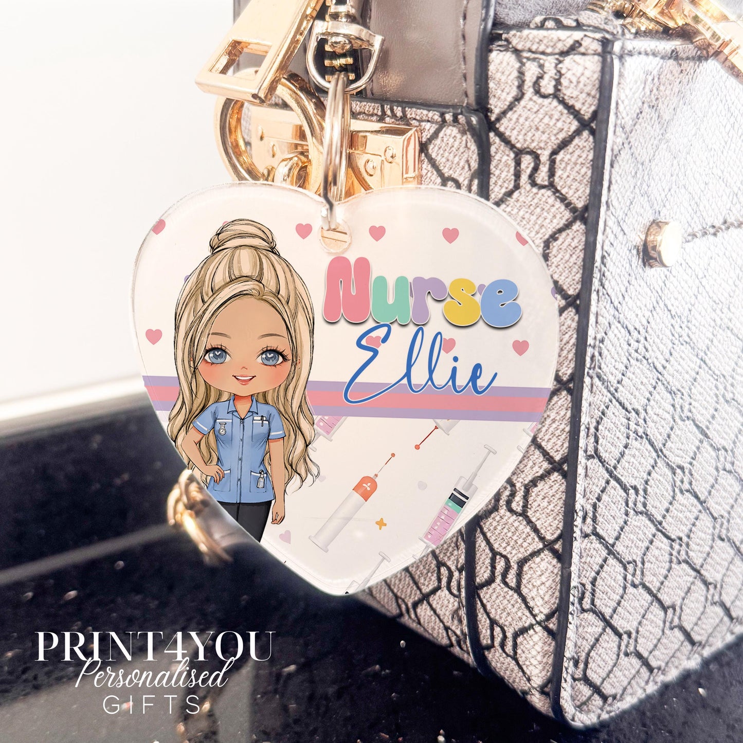 Personalised nurse and midwife bag charm with swivel clip, Nurse 3 character design