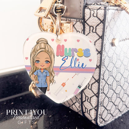 Personalised nurse and midwife bag charm with swivel clip, Nurse 3 character design