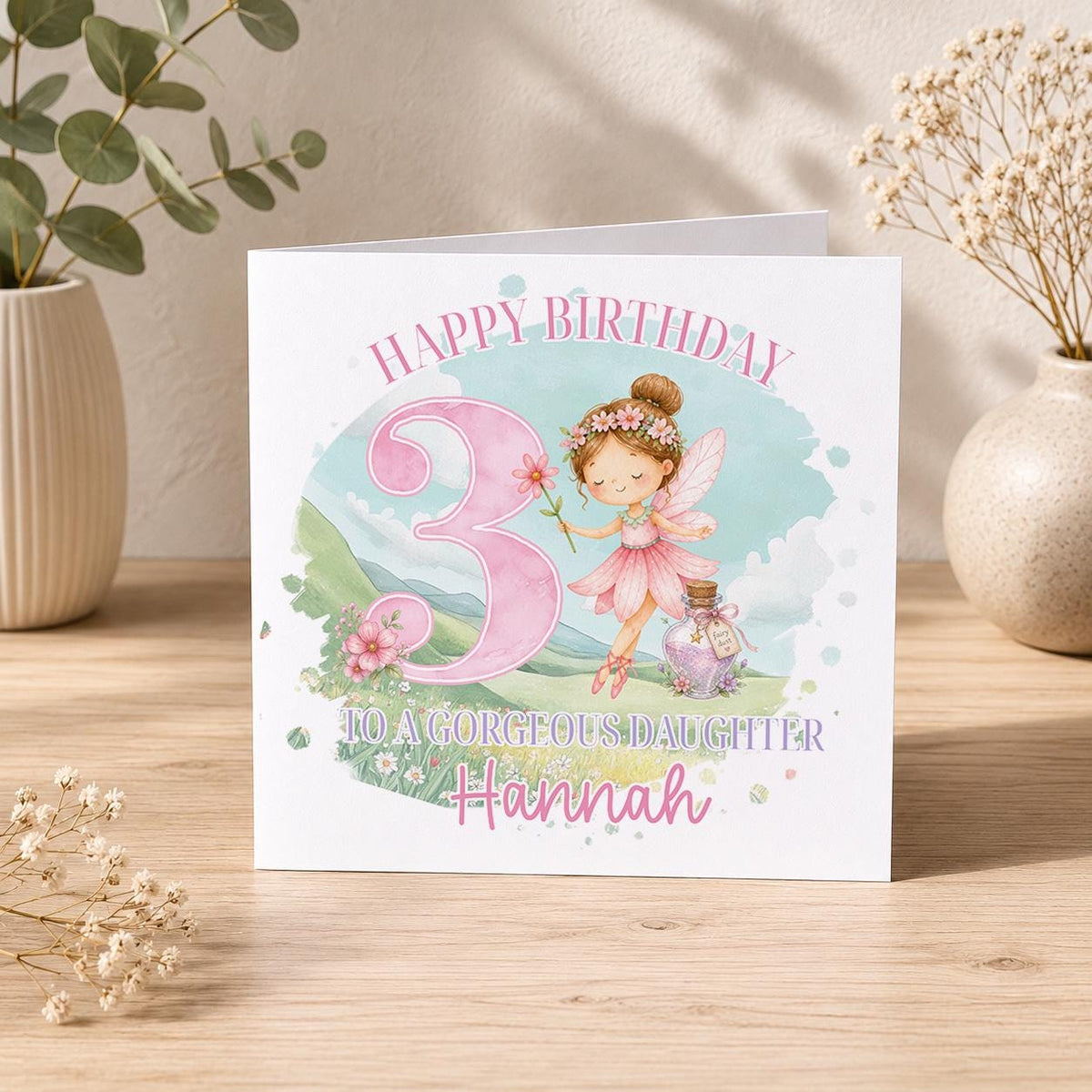 Personalised pink fairy birthday card with custom name and age for girls
