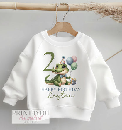 Personalised white cotton sweatshirt for children with crocodile design, customised with name and birthday age