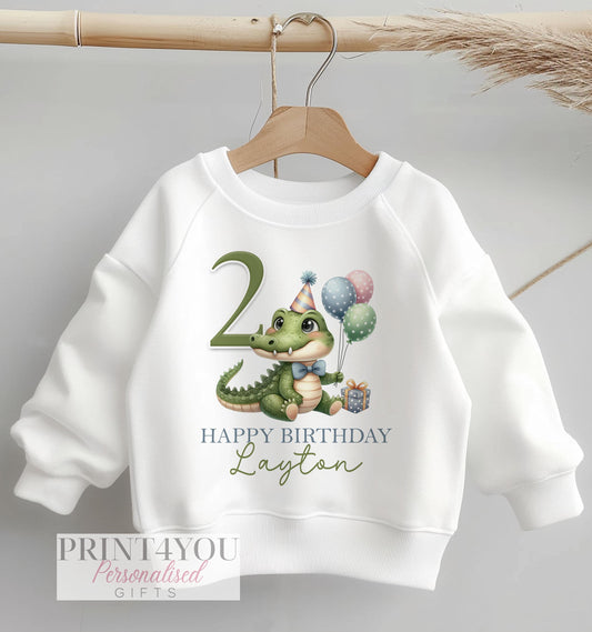Personalised Birthday Age Sweatshirt Jumper For Children. Any Age, White Cotton Sweatshirt – Crocodile, Number and name - 6-12 months