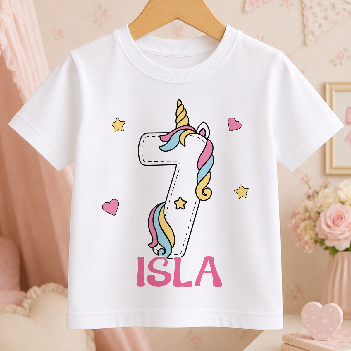 A white t-shirt with a unicorn graphic and the number 7 printed on it, along with the name "ISA" written below.