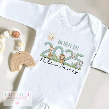 Personalised safari baby vest featuring lion, elephant and giraffe print with custom name.
