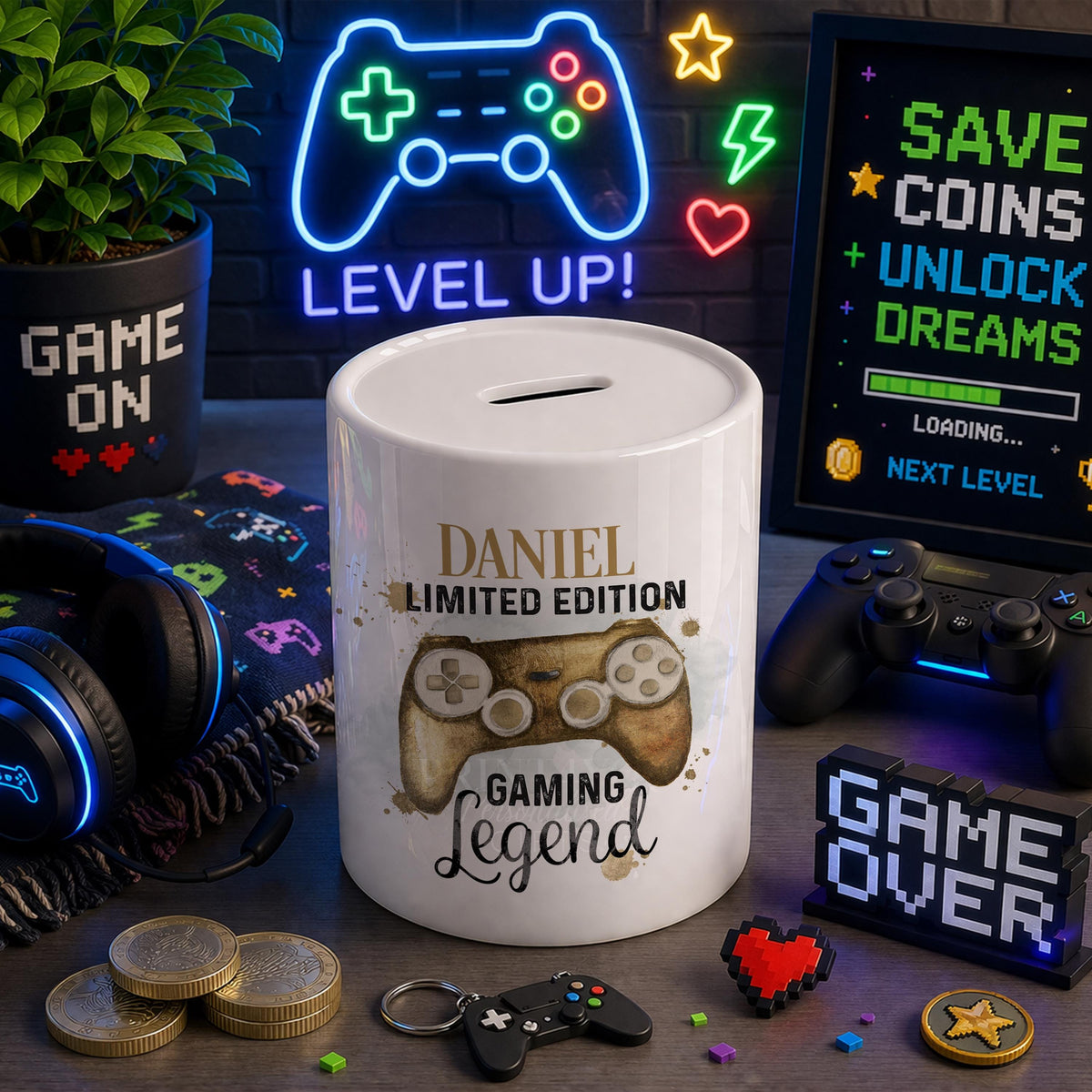 Personalised gamer ceramic coin bank, gaming legend gift