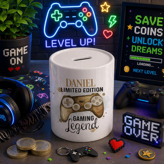 Personalised gamer ceramic coin bank, gaming legend gift