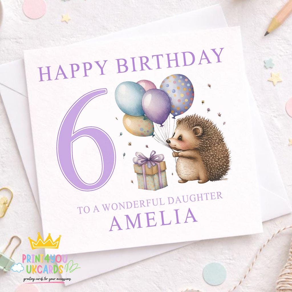 Square birthday card featuring a cute hedgehog design, personalised with a girl's name and 6th birthday age