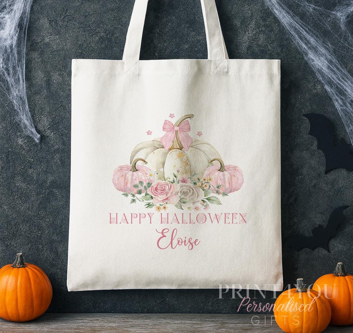 Personalised pastel pumpkin Halloween tote bag shown at full size, 42 x 38 cm, ideal for trick-or-treating.