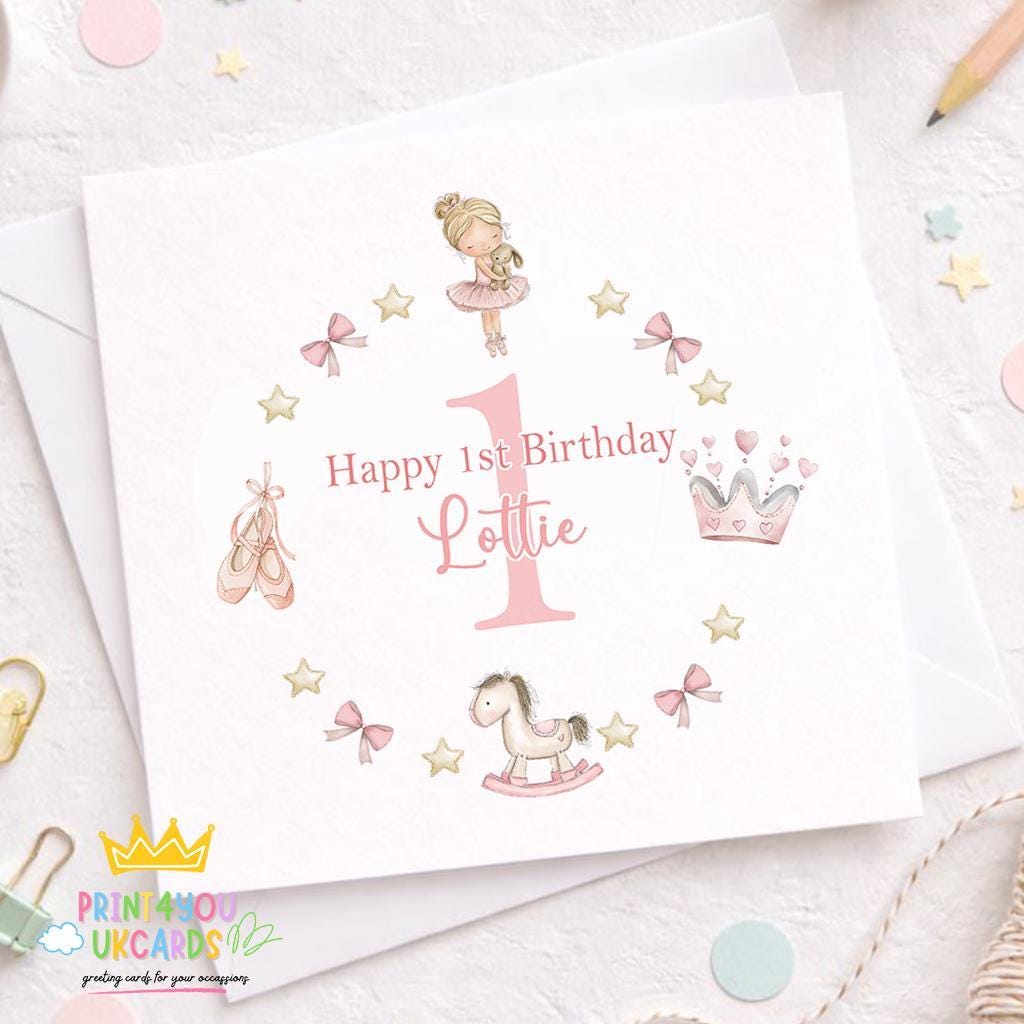 Square 1st birthday card featuring a pink ballerina design, personalised for a baby girl