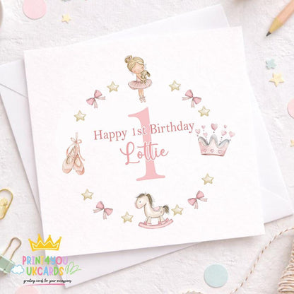 Square 1st birthday card featuring a pink ballerina design, personalised for a baby girl