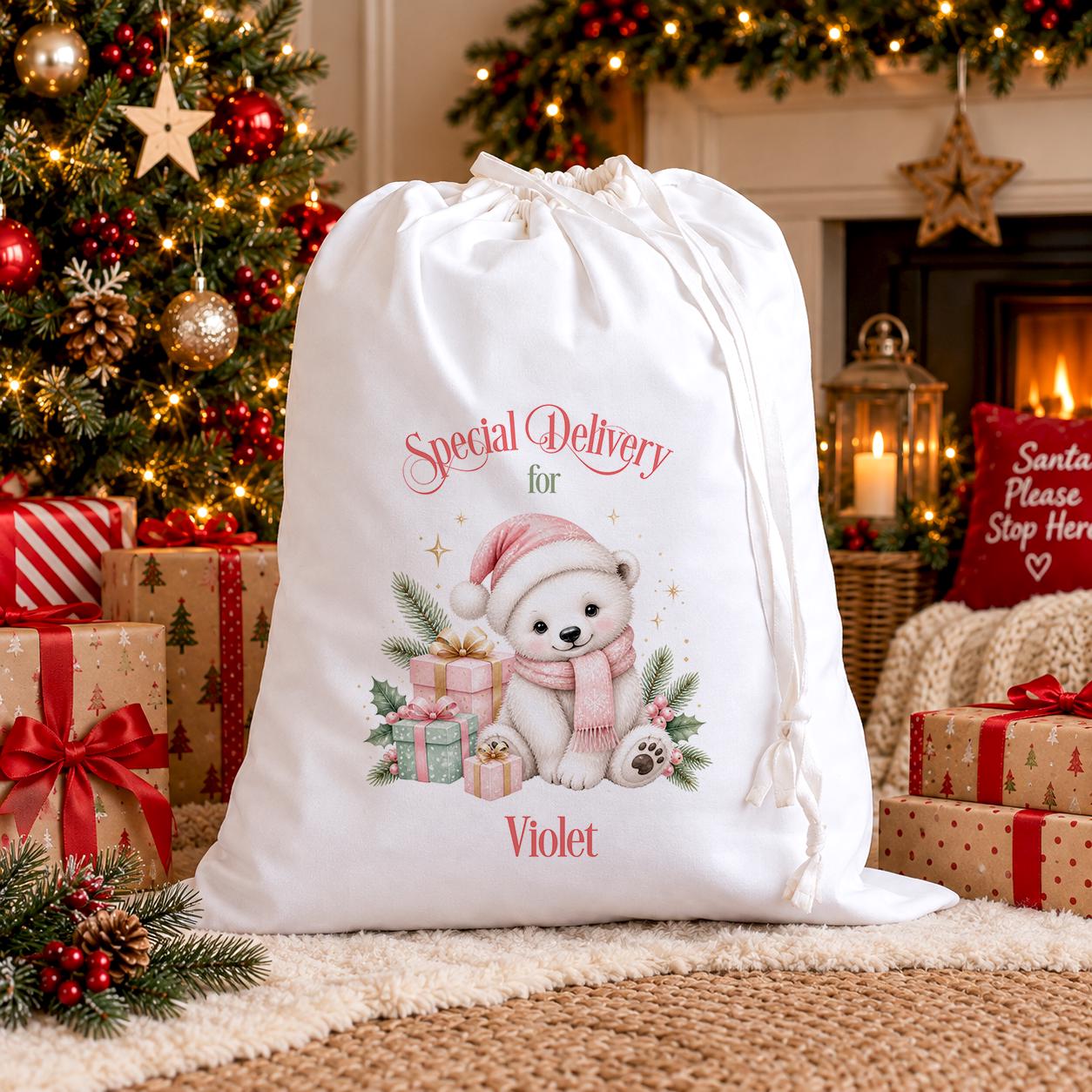 Personalised Pink Santa Sack, Polar Bear Girls Christmas Sack