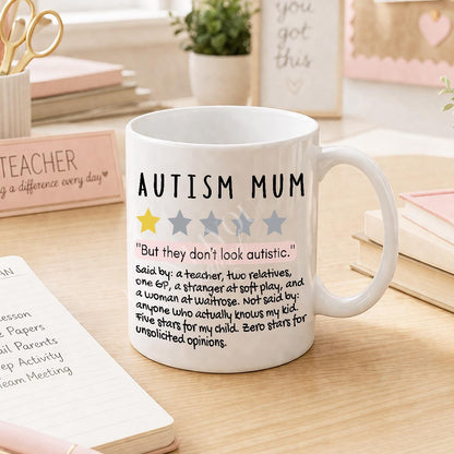 Close-up of the autism awareness design printed on the mug