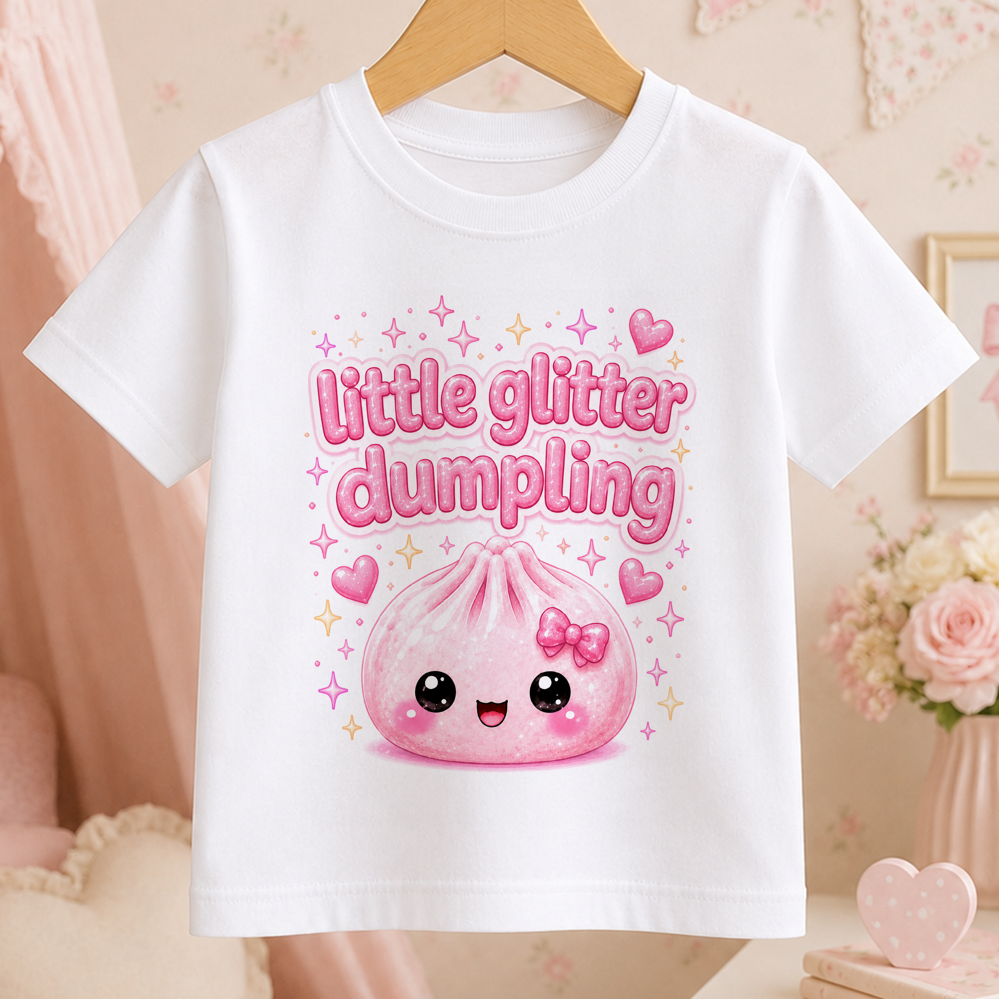 A white t-shirt with a pink and white design featuring a cute cartoon character and the text "Little glitter dumpling" printed on it.