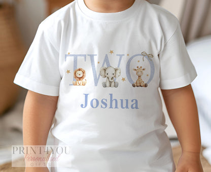 Personalised blue safari TWO birthday t-shirt with custom name and lion, elephant and giraffe print