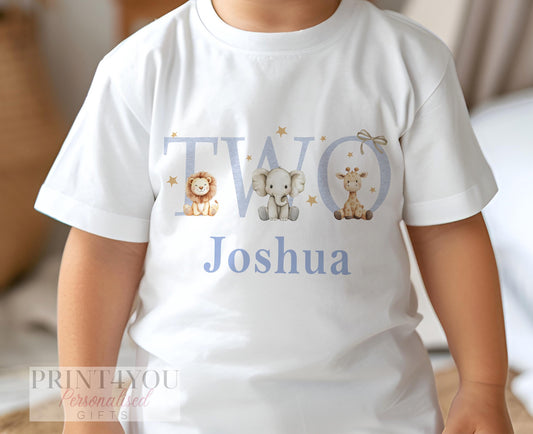 Safari Birthday T – Shirt – Personalised Kids Tee with Lion & Elephant Print