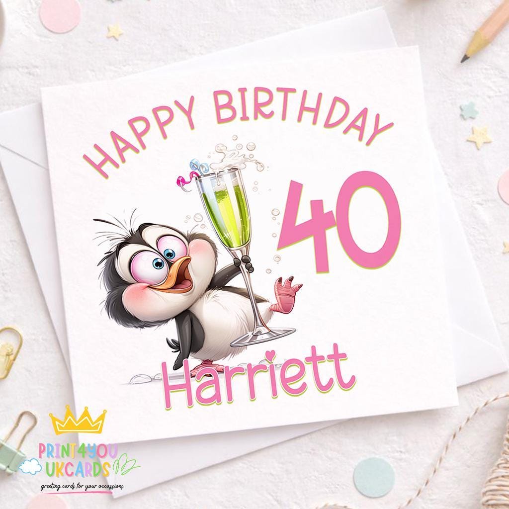 Square birthday card featuring an illustrated penguin toasting with a glass of fizz, personalised with the name Harriett and age 40