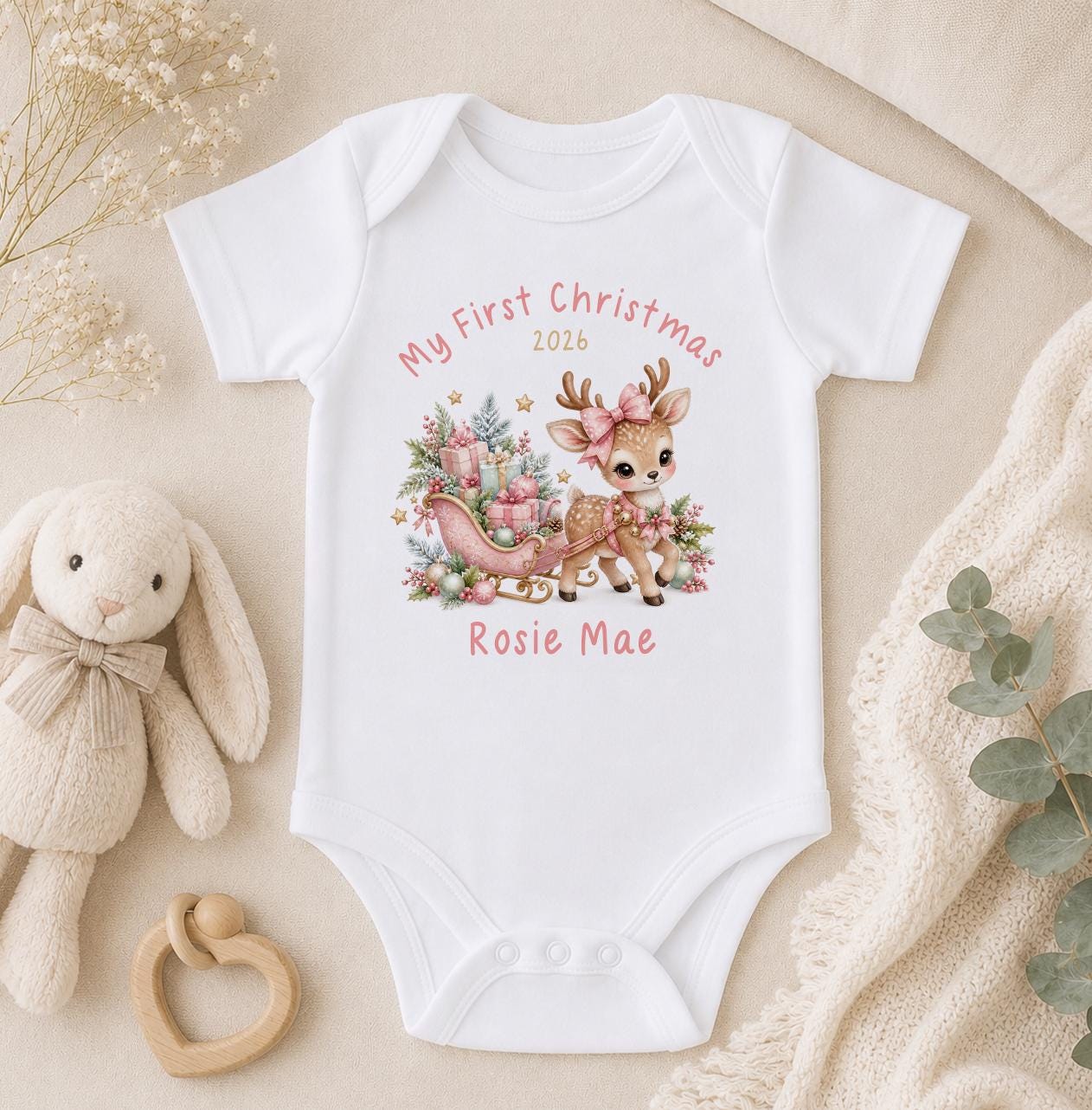 Personalised Baby Christmas Outfit - Deer Sleigh, First Christmas 2026