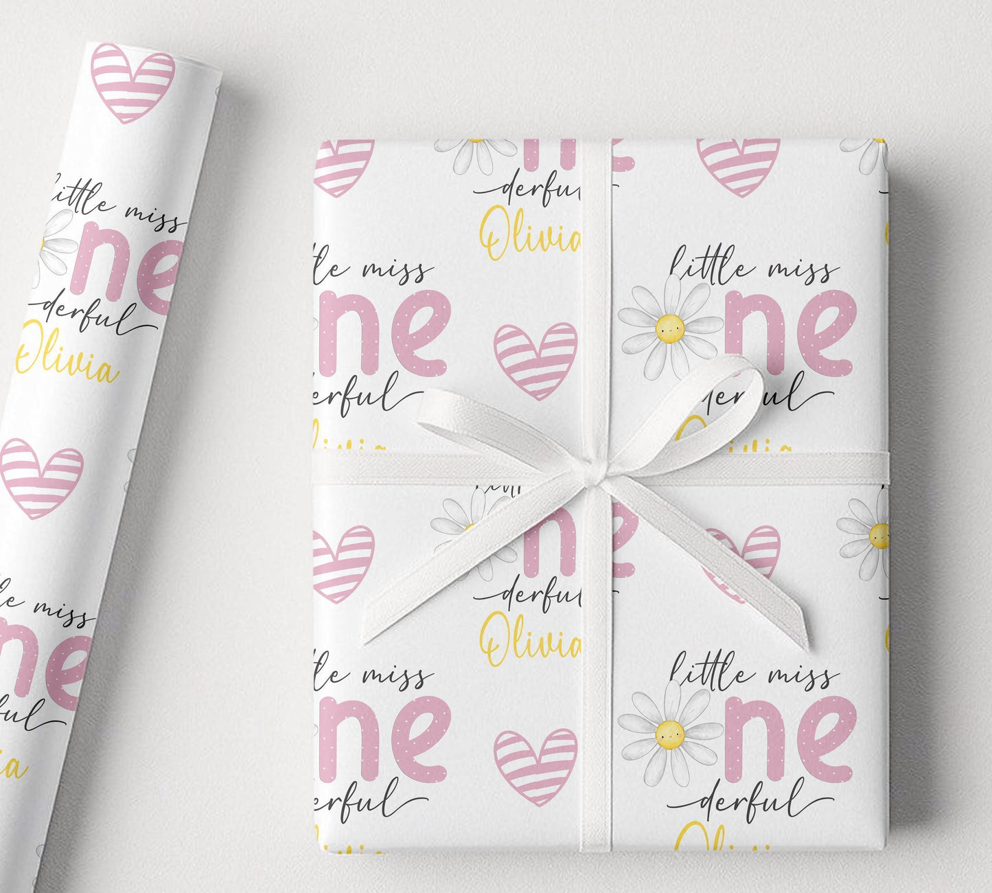 An additional close-up of the daisy flower pattern printed on the wrapping paper