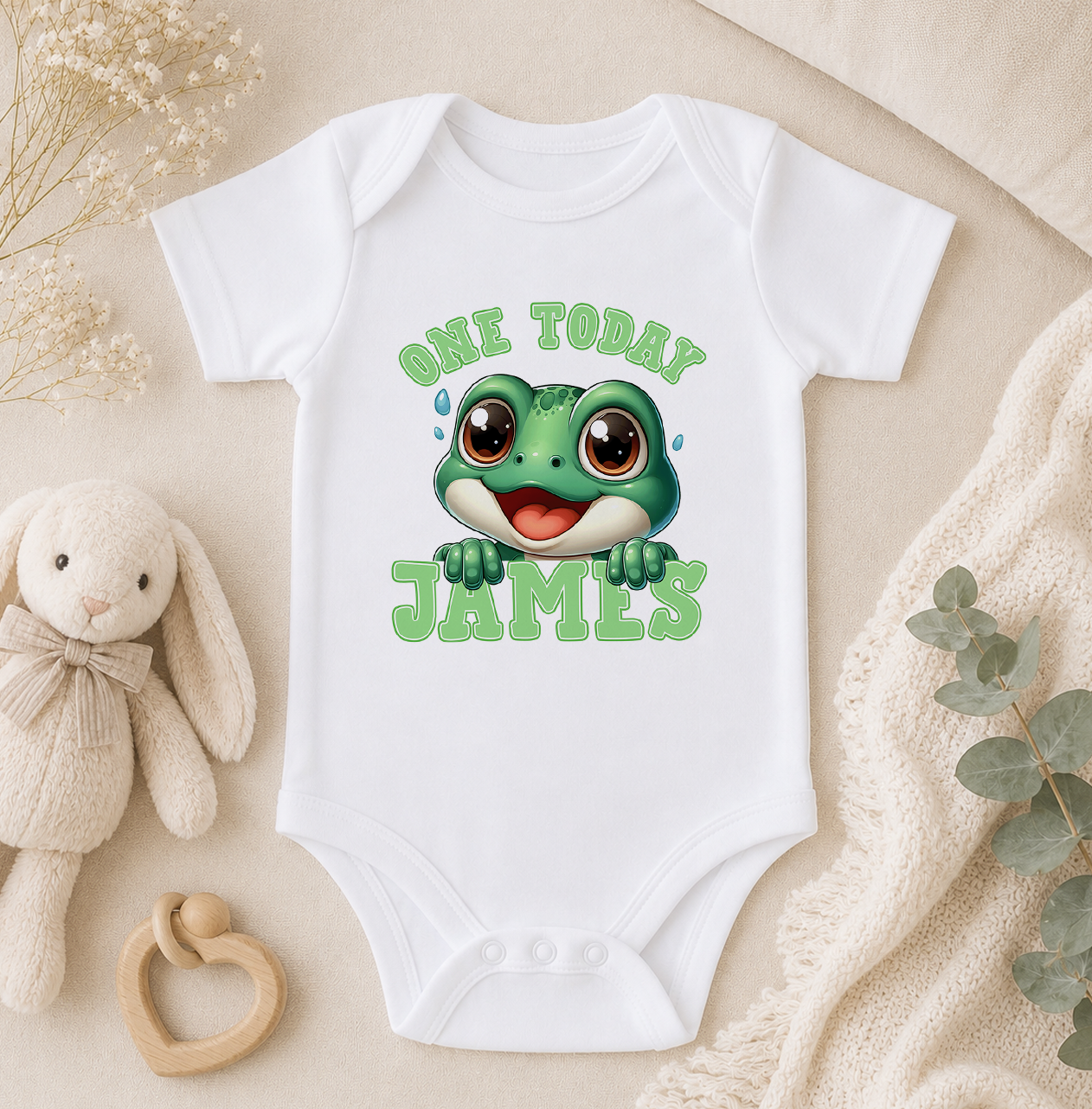 White baby grow printed with a frog design and 'One Today James', styled with a soft toy and greenery for a birthday photoshoot.