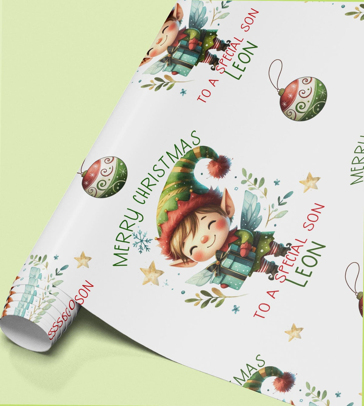 Personalised Christmas elf wrapping paper shown as a full sheet with the repeating bauble pattern