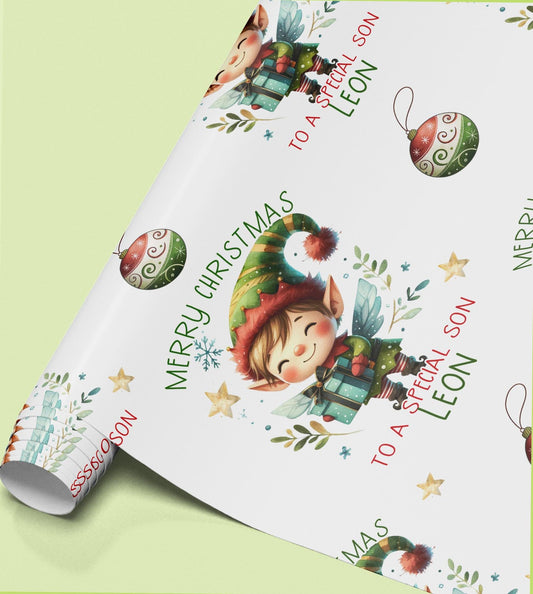 Personalised Christmas elf wrapping paper shown as a full sheet with the repeating bauble pattern