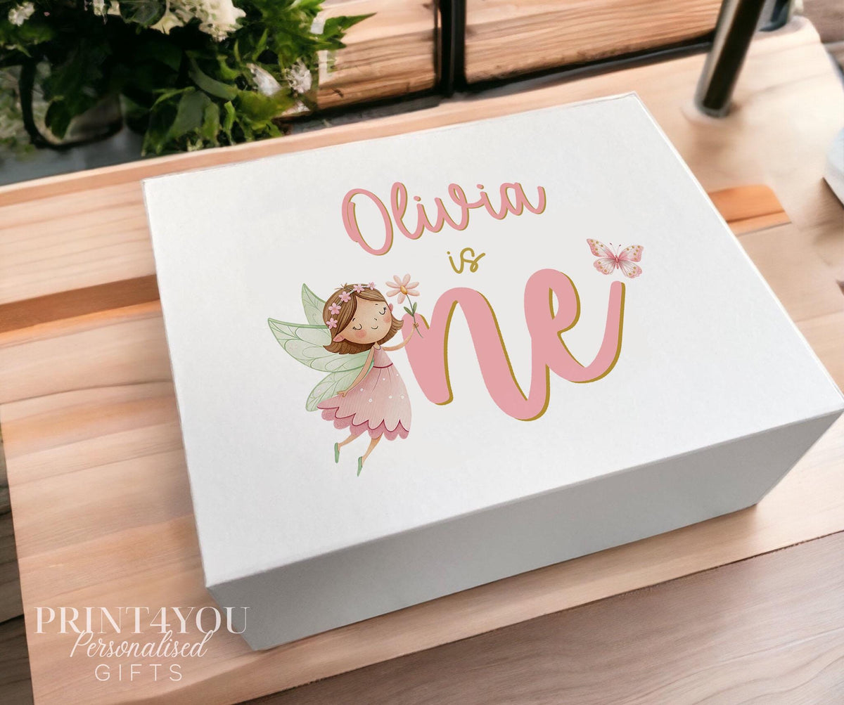 White magnetic keepsake box personalised with a fairy and butterfly design and child's name, medium size
